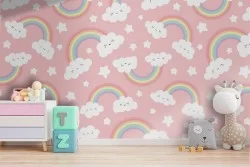Carta da Parati arcobaleno e nuvole decorazione bambini.