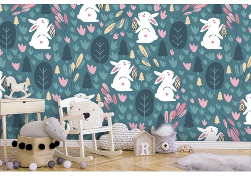 Wallpaper with bunny nature pattern for children.