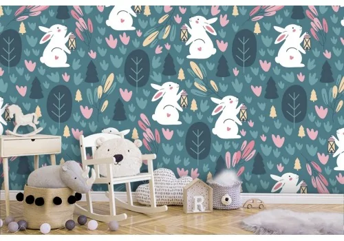 Wallpaper with nature bunny pattern for children.