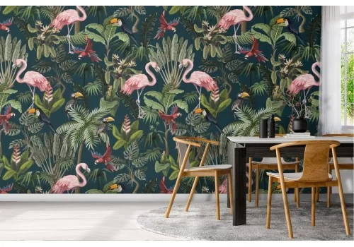 Carta da Parati foglie e fenicotteri natura tropicale.