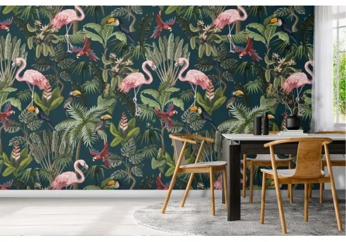Wallpaper with leaves and flamingos tropical nature.