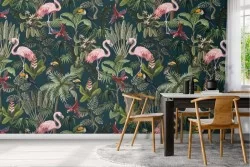 Wallpaper with leaves and flamingos tropical nature.