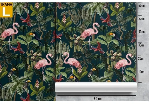 Wallpaper with leaves and flamingos tropical nature. 2