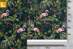 Wallpaper with leaves and flamingos tropical nature.