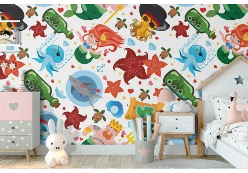 Wallpaper featuring mermaid and pirate characters for children.