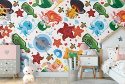 Wallpaper with mermaid and pirate characters for children.