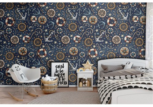 Wallpaper with naval decorations anchors helms.