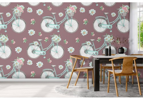 Wallpaper decoration flowers and bicycles.