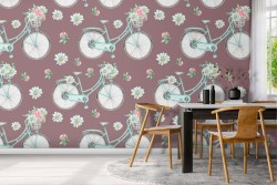 Carta da Parati decorazione fiori e biciclette.