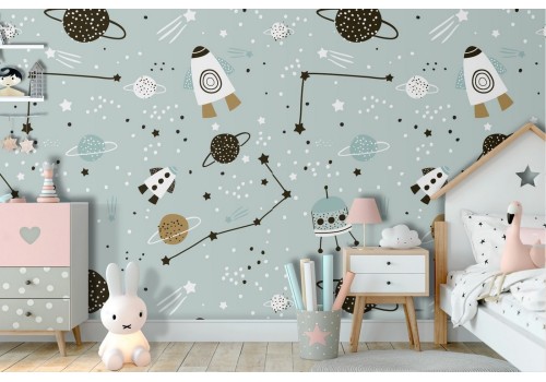 Wallpaper spaceships and planets pattern for children.