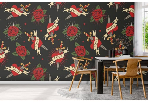Red roses and hearts wallpaper, LOVE punk decoration.