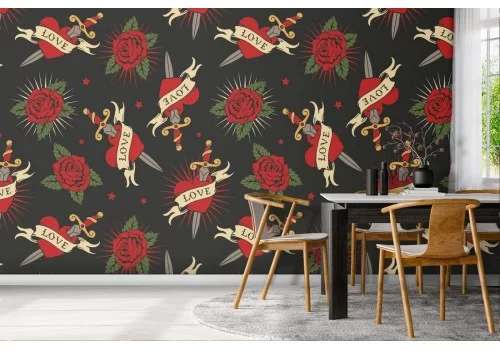 Red roses and hearts wallpaper, LOVE punk decoration.