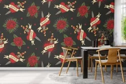 Red roses and hearts wallpaper, LOVE punk decoration.