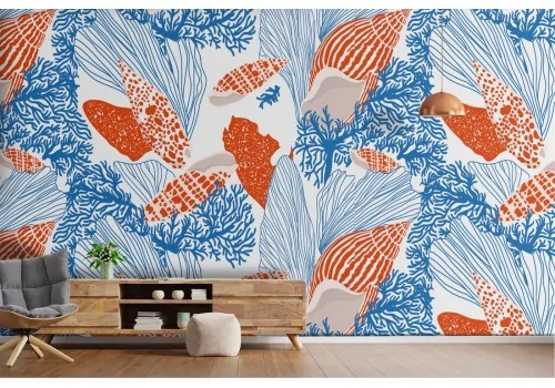Wallpaper with shells and corals marine decoration.