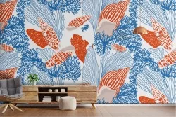Wallpaper with shells and corals marine decoration.