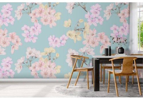 Wallpaper with pink and yellow flowers, nature pattern from the '70s.