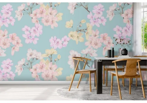 Wallpaper with pink and yellow flowers, nature pattern from the '70s.