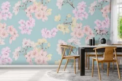 Wallpaper with pink and yellow flowers, nature pattern from the '70s.