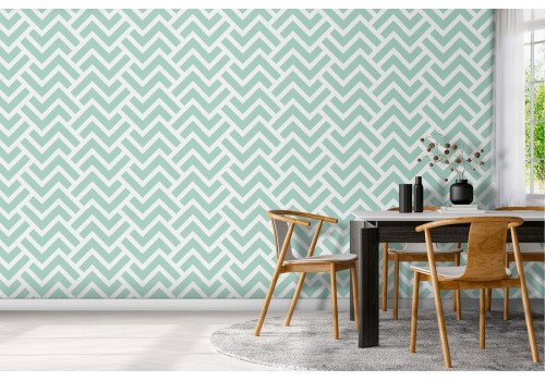 Wallpaper with '70s stripe pattern in teal green.