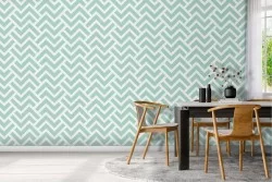 Wallpaper with '70s stripe pattern in teal green.