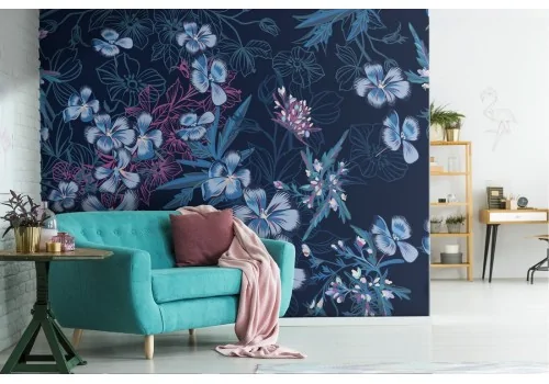 Wallpaper with blue leaves and flowers abstract decoration.
