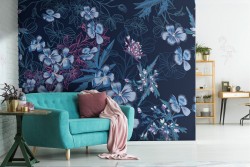 Carta da Parati foglie e fiori blu decorazione astratta.