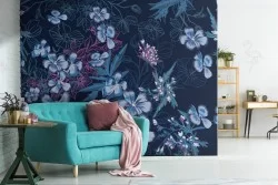 Wallpaper with blue leaves and flowers abstract decoration.