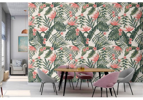 Tropical leaves and flowers wallpaper abstract nature.