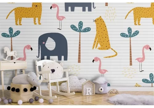 Carta da Parati elefanti e tigri stilizzate bambini.