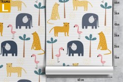 Wallpaper with stylized elephants and tigers for children.