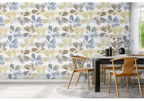 Wallpaper with stylized leaves and stripe pattern from the '70s.