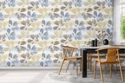 Wallpaper with stylized leaves and stripe pattern from the '70s.