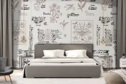 Carta da Parati scritte vintage design anatomia fiori.