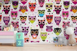 Carta da Parati gufi stilizzati decorazione bambini.