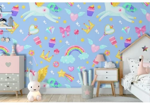 Unicorns and rainbows children's wallpaper pattern.