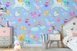 Carta da Parati unicorni e arcobaleni bambini pattern.