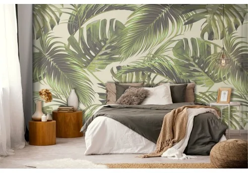 Stylized tropical leaves wallpaper pattern.