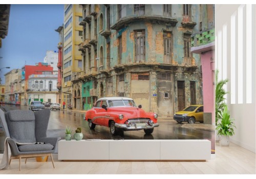 Vintage city landscape wallpaper with cars