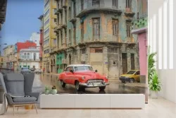 Vintage city landscape wallpaper with cars