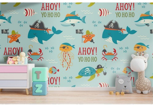 Pirate fish wallpaper decoration for children.