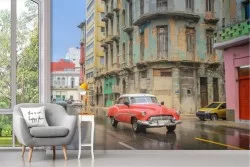 Carta da Parati paesaggio città vintage con macchine