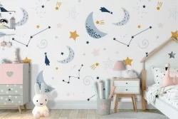 Wallpaper with moons and stars for children's decoration.