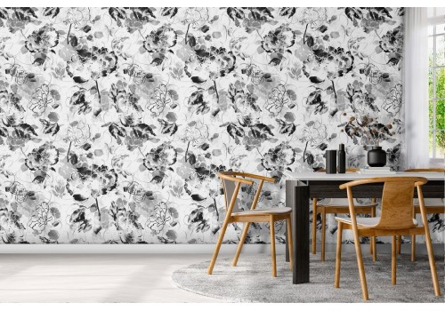 Abstract flowers black and white pattern wallpaper.