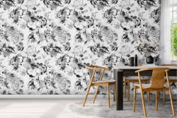 Abstract flowers black and white pattern wallpaper.