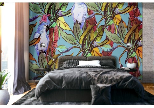 Tropical leaves and parrots pattern wallpaper.