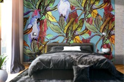 Carta da Parati foglie tropicali e pappagalli pattern.