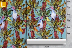 Carta da Parati foglie tropicali e pappagalli pattern.