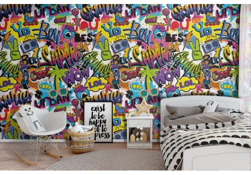 Wallpaper with urban pop writings for children.