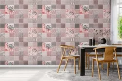 Carta da Parati superficie mattonelle geometrie e fiori vintage.