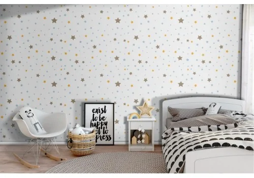 Wallpaper with stylized stars and polka dot pattern for children.